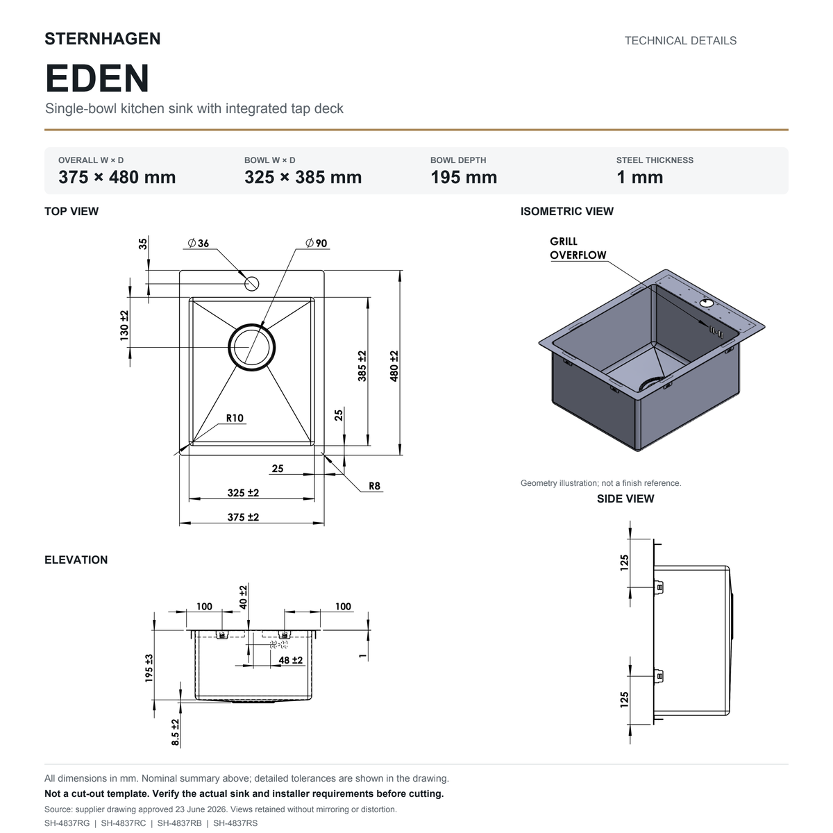 Sternhagen Eden technical diagram from the approved June supplier drawing, dimensions in millimetres; not a cut-out template