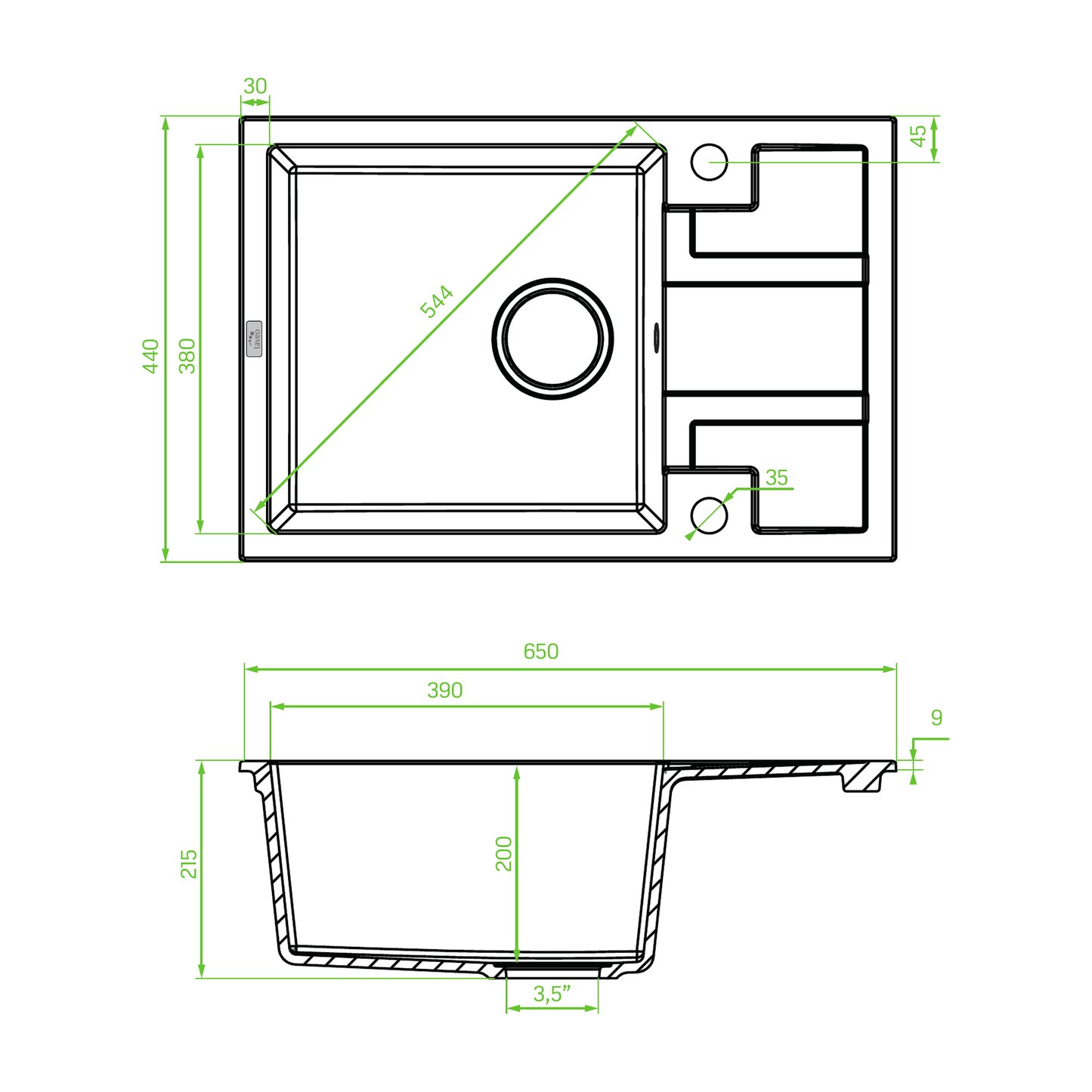 Technical drawing – Laveo Barbados Granite Sink 1 Bowl with Half Drainer - Black – SBB_713T