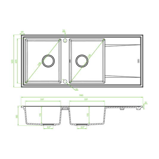 Technical drawing – Laveo Megalo Granite Sink 2 Bowl with Drainer - Black – SBE_721T