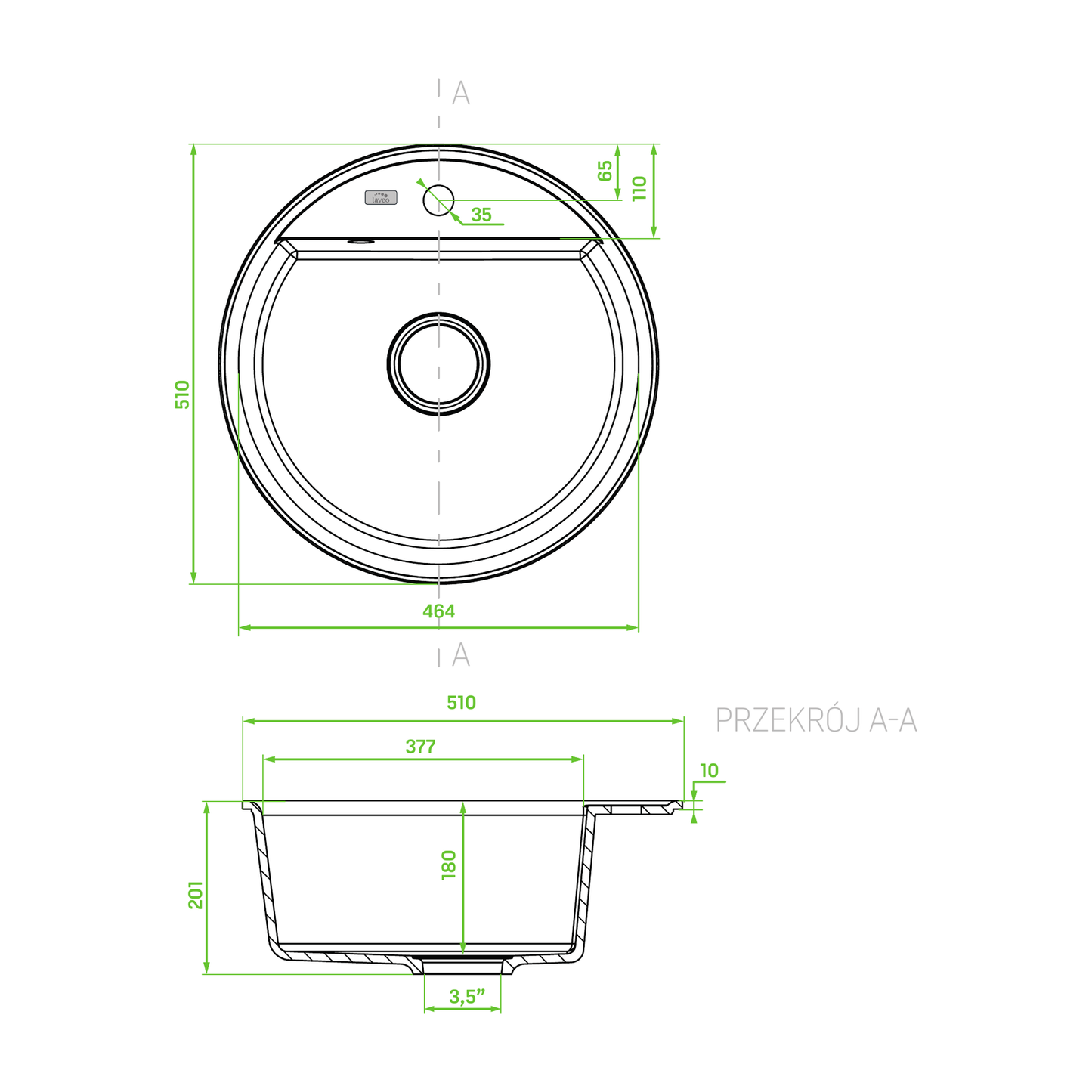 Technical drawing – Laveo Muna Granite Kitchen Sink Single Bowl 510 mm - Black – SPU_780Y
