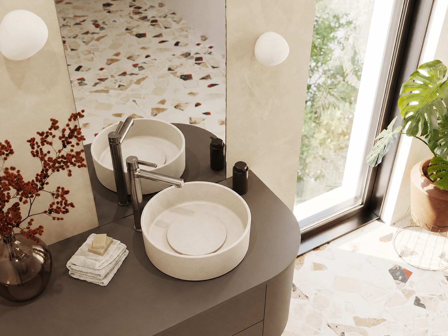 Laveo Perl Jasmine countertop basins in a modern bathroom