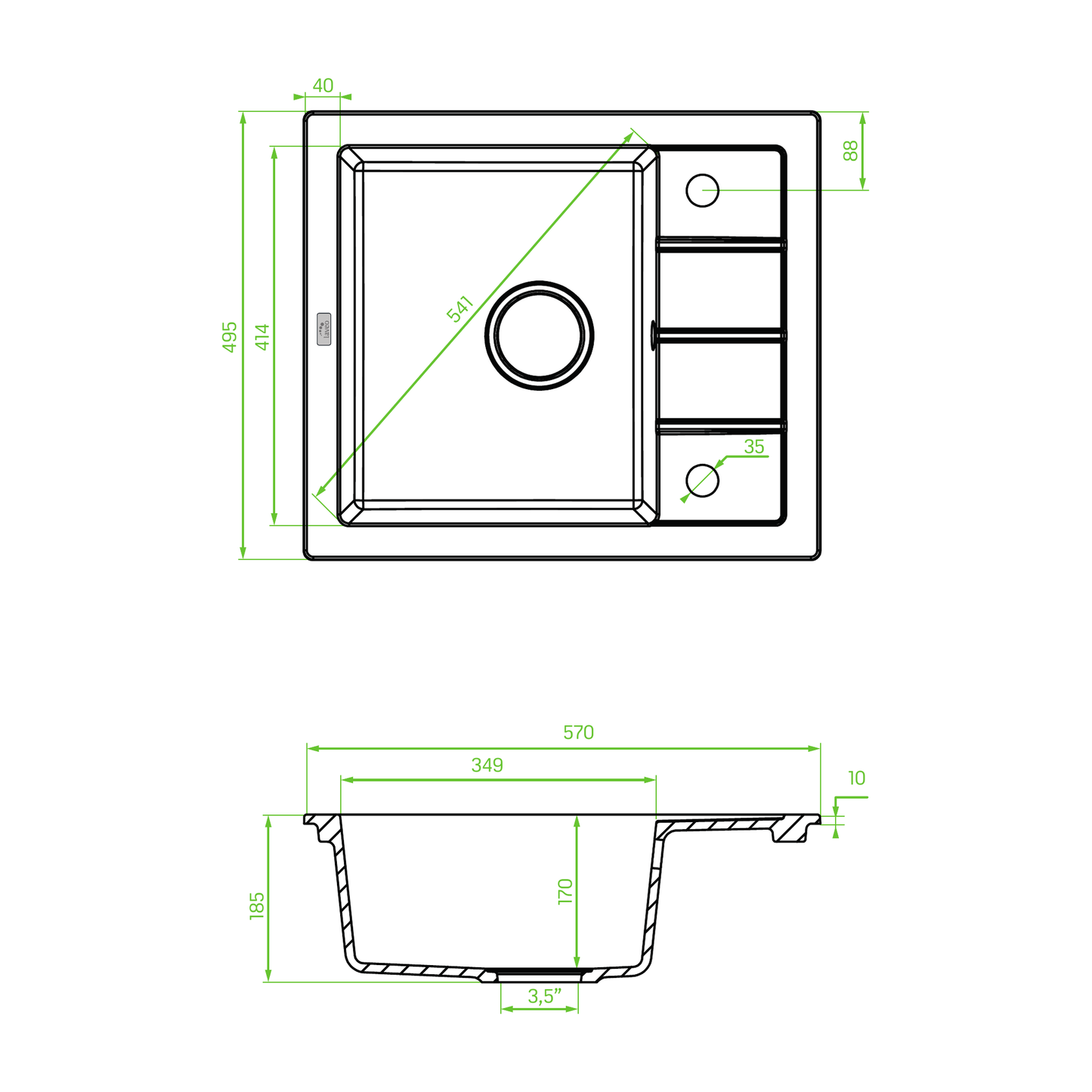 Technical drawing – Laveo Trzynastka Granite Sink 1 Bowl - Grey – SBP_513T