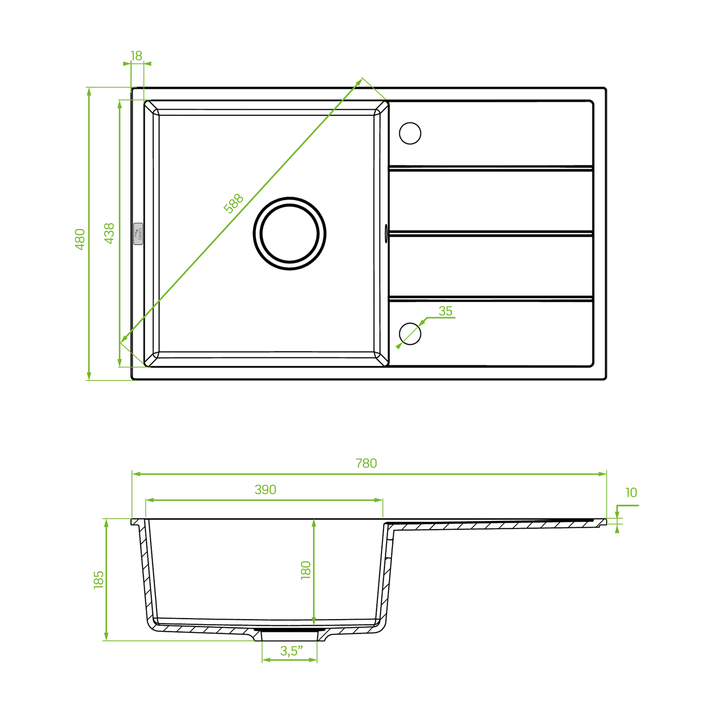 Technical drawing – Laveo Wolin Granite Kitchen Sink Single Bowl with Drainer 780 mm - Grey – SPW_511T
