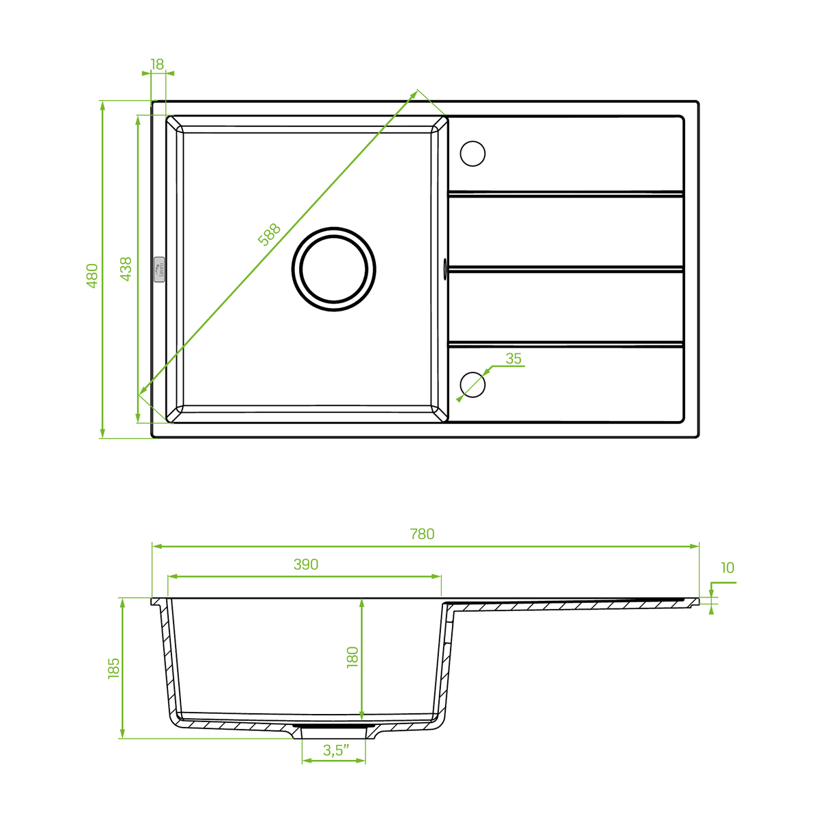 Technical drawing – Laveo Wolin Granite Kitchen Sink Single Bowl with Drainer 780 mm - Black – SPW_711T