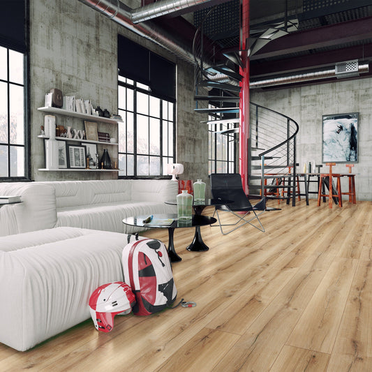 Swiss Krono Atomic Oak D3898WS laminate flooring in a modern loft interior