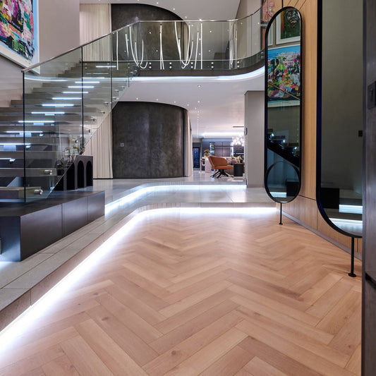 Authentic Herringbone Sun Bleached Oak laminate flooring room setting