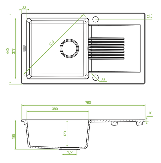 Laveo Celia Granite Sink 1 Bowl with Drainer - White