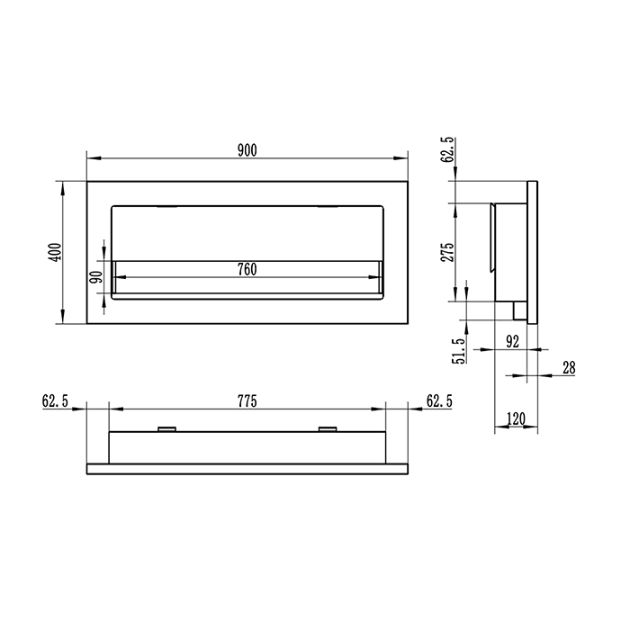 NOVAFLAME - SLIM WALL-MOUNTED BIO-FIREPLACE  900X400 WITH GLASS - BOX MATTE BLACK