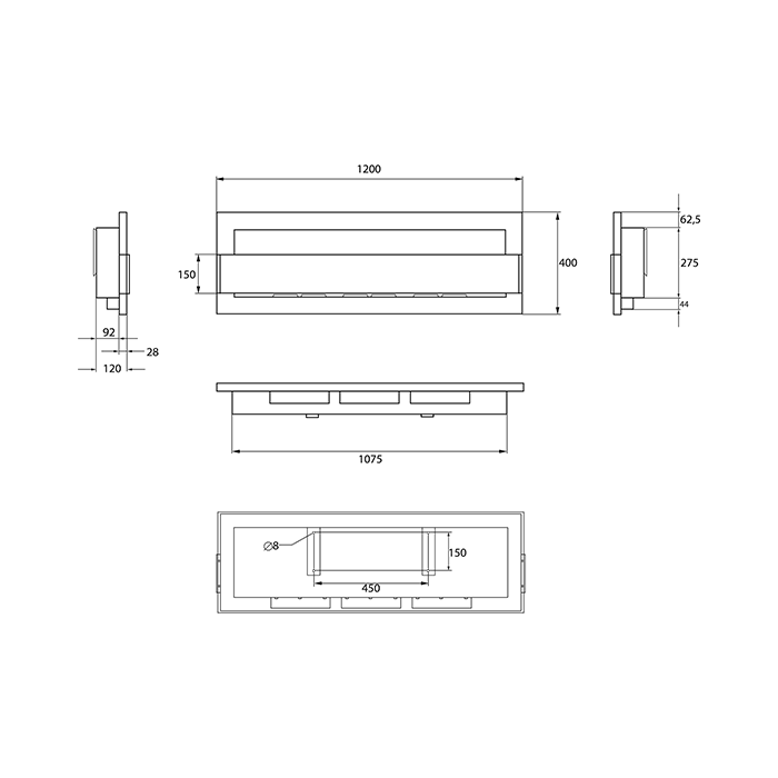 NOVAFLAME - WALL-MOUNTED BIO-FIREPLACE  1200X400 WITH GLASS - MATTE BLACK