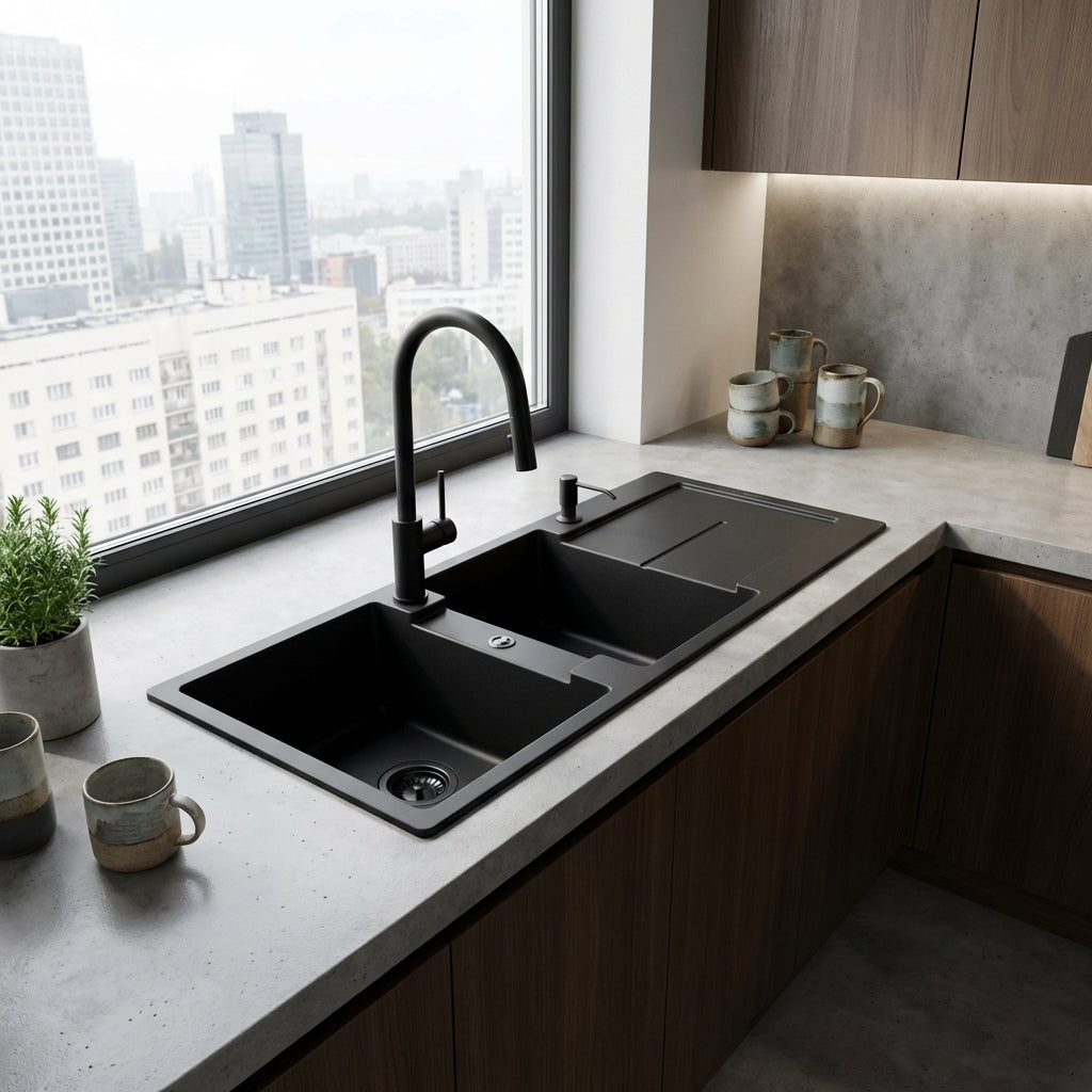 STERNHAGEN ENIGMA Granite Kitchen Sink Double Bowl with Drainer - Black