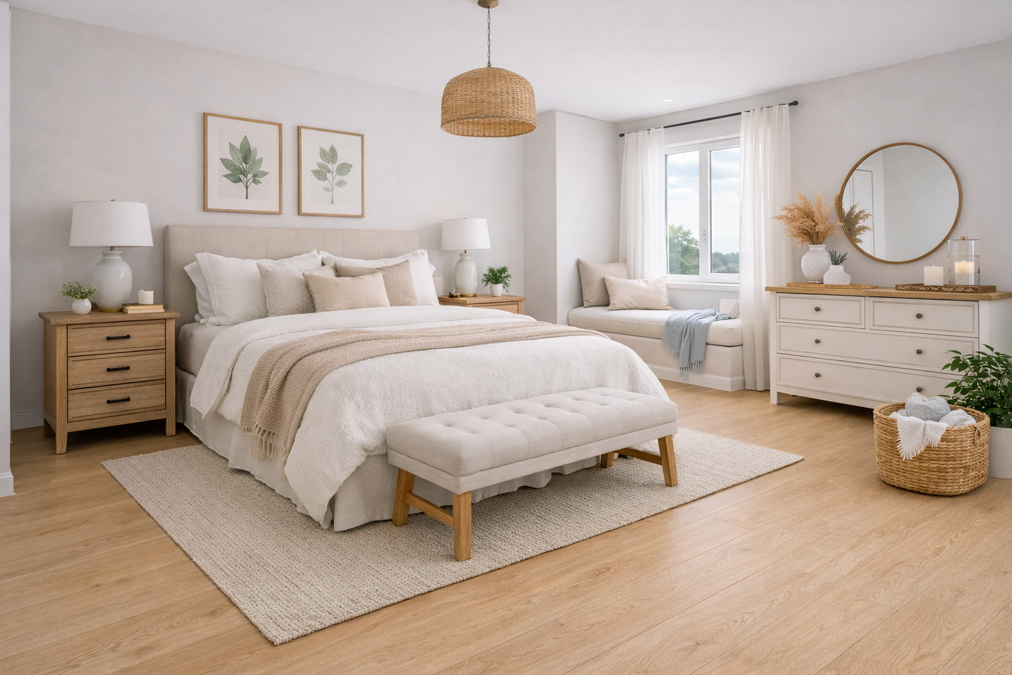 A bright, modern bedroom featuring a bed dressed in cream and beige linens, a matching upholstered bench at the foot of the bed, light wood nightstands, a white dresser with a round mirror, and a large woven pendant light hanging from the ceiling.