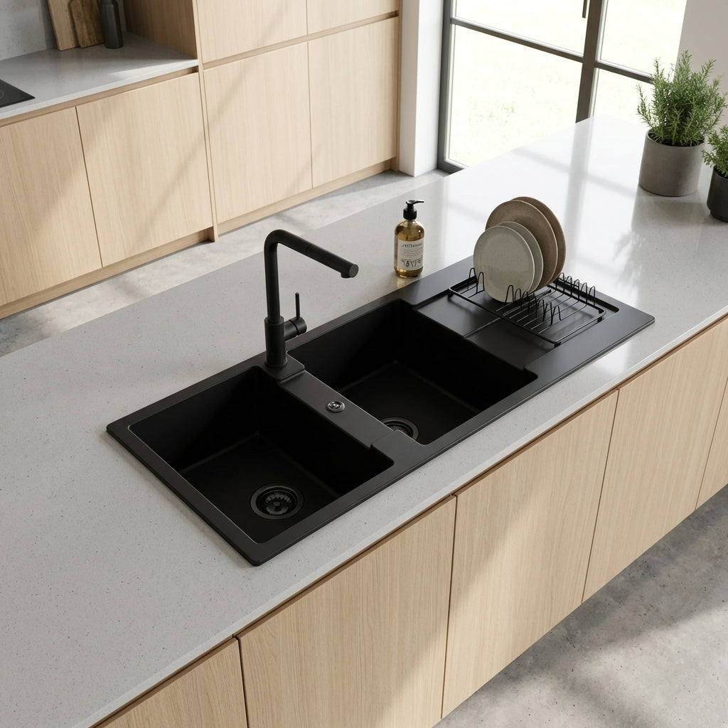 STERNHAGEN ENIGMA Granite Kitchen Sink Double Bowl with Drainer - Black