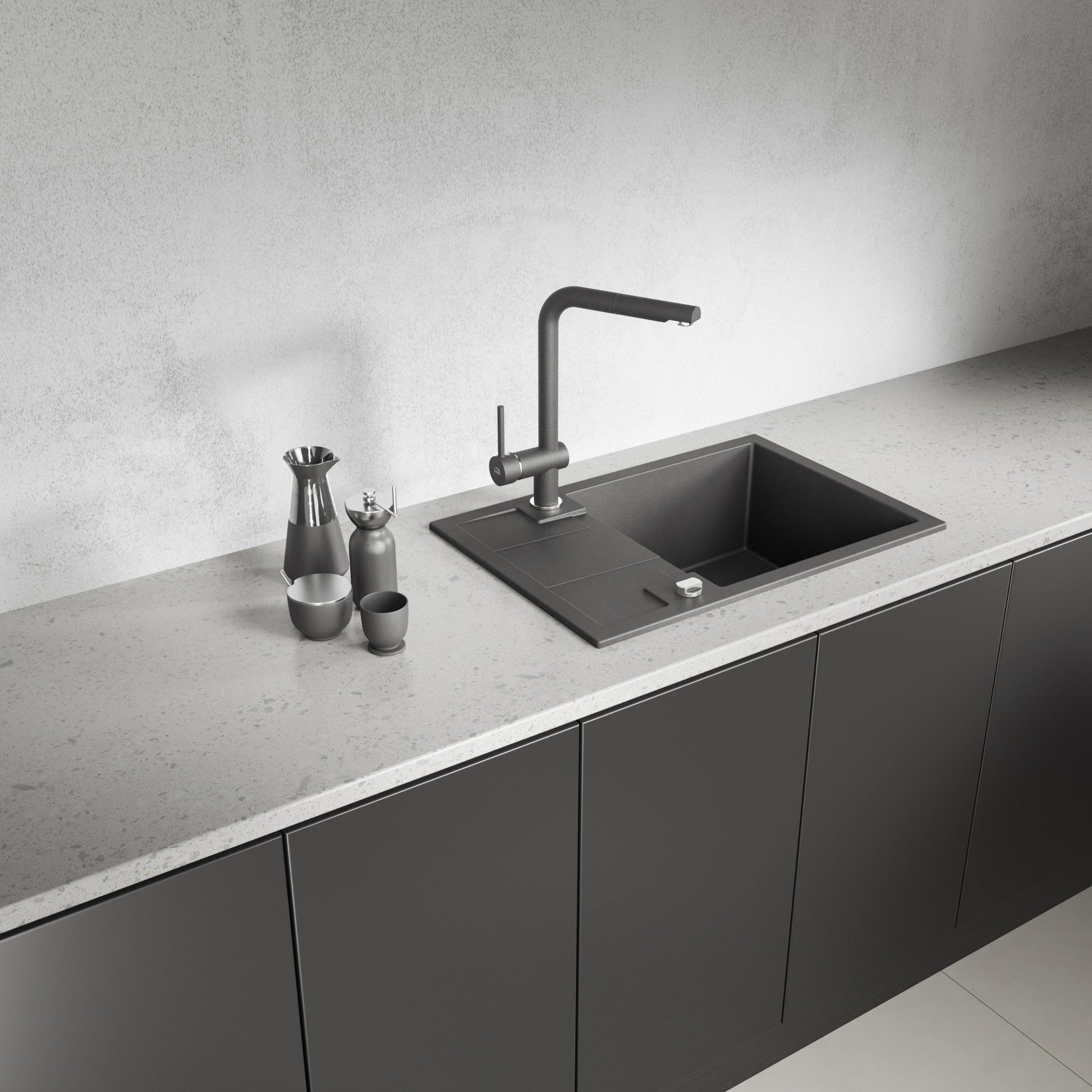 Laveo Barbados Granite Sink 1 Bowl with Half Drainer - Black – product view 1