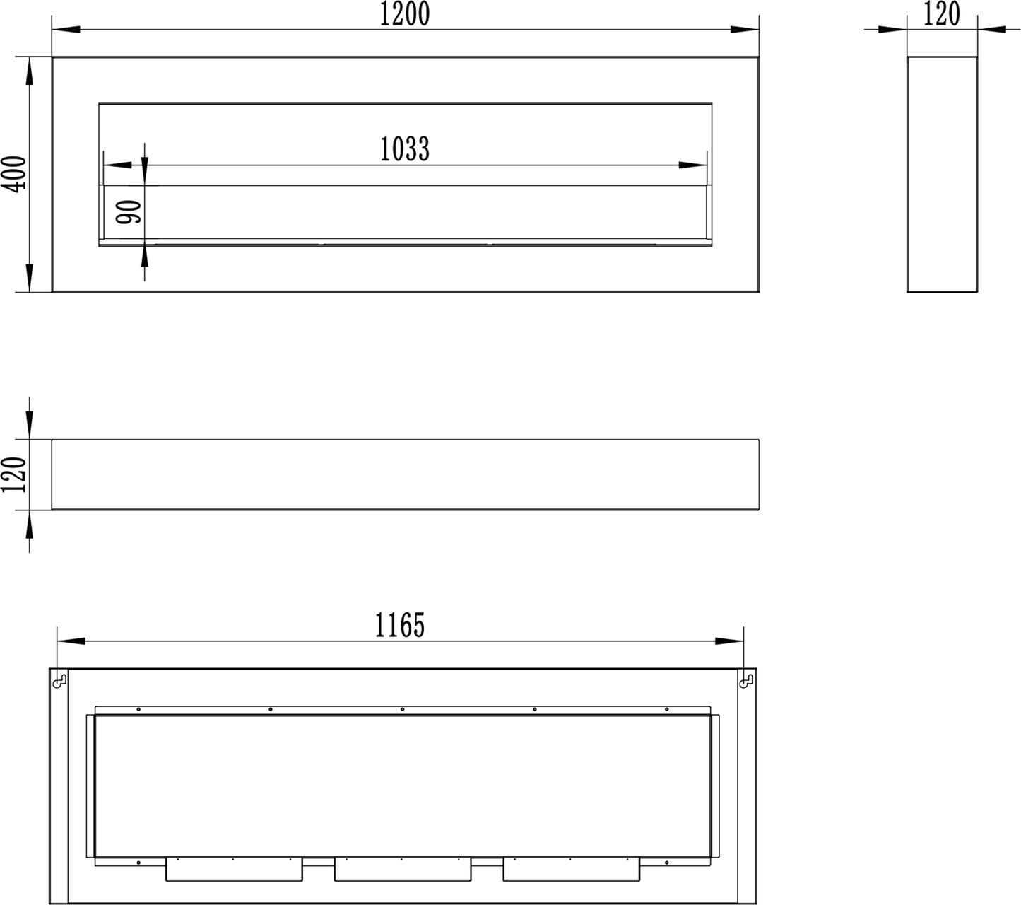 NOVAFLAME WALL MOUNTED BIO-FIREPLACE 1200X400 BLACK BOX