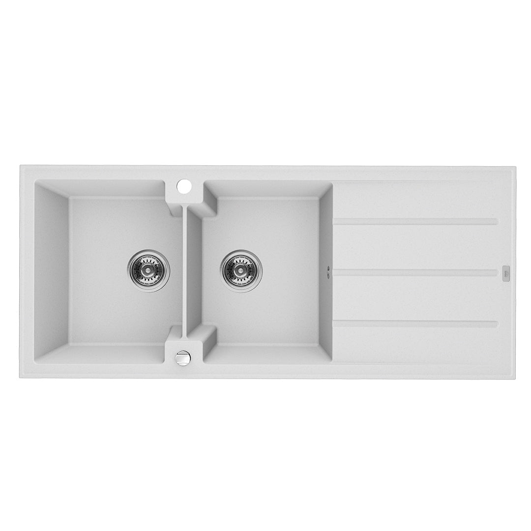 Laveo Canaria Granite Kitchen Sink Double Bowl with Drainer 1160 mm - White – product view 1