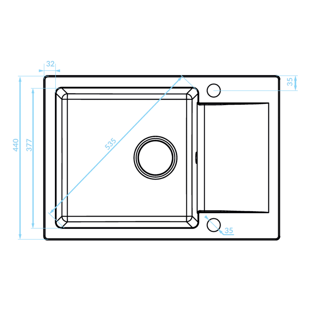 Technical drawing 1 – Laveo Celebes Granite Sink 1 Bowl with Half Drainer - Grey – SBL_513T