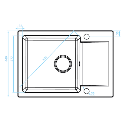 Technical drawing 1 – Laveo Celebes Granite Sink 1 Bowl with Half Drainer - Grey – SBL_513T
