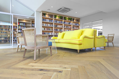 FINOak Atelier Unfinished Herringbone 125 × 600 mm engineered hardwood flooring room setting