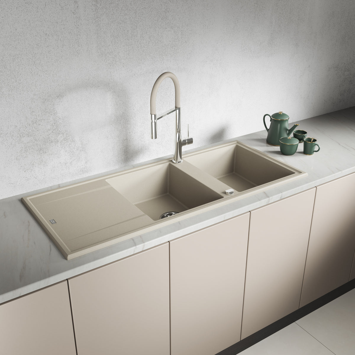 Laveo Megalo double-bowl granite sink with drainer in Beach Sand – installed lifestyle view – SBE_421T