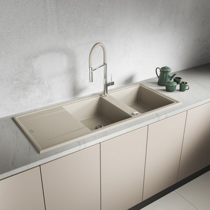 Laveo Megalo double-bowl granite sink with drainer in Beach Sand – installed lifestyle view – SBE_421T