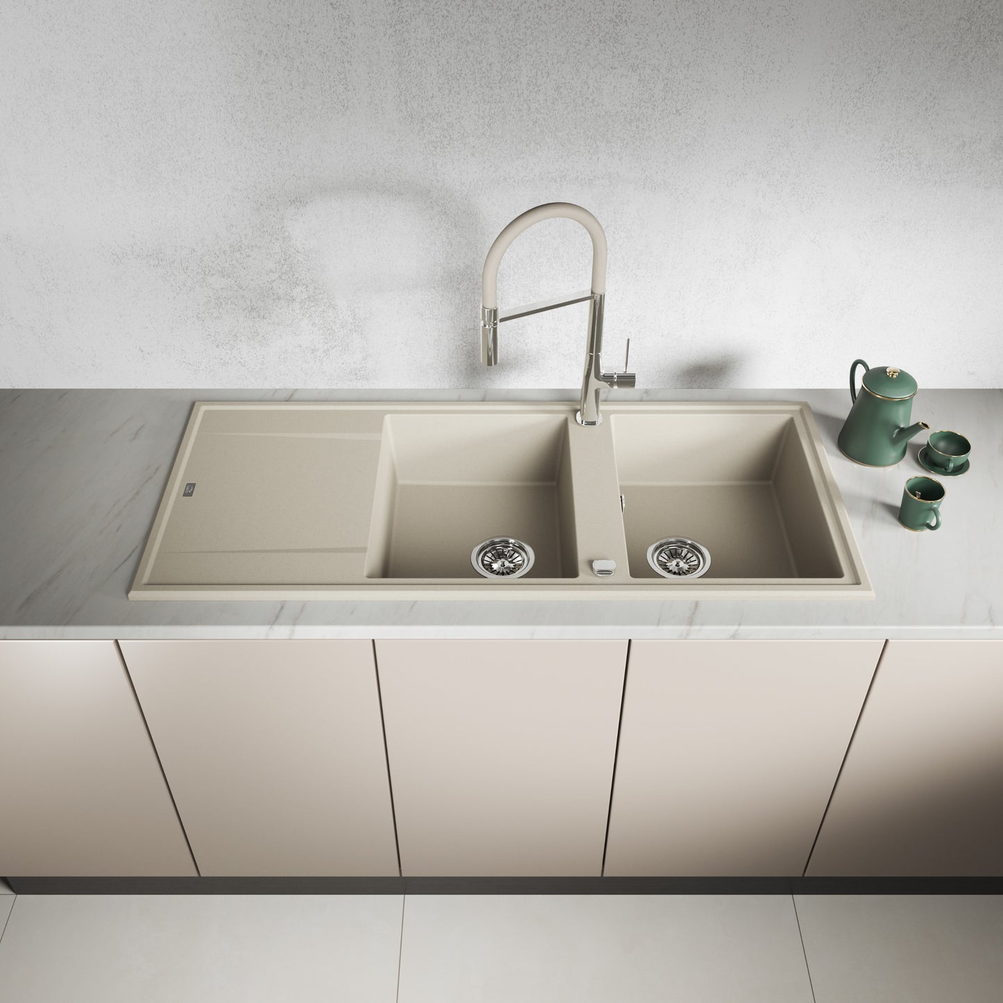 Laveo Megalo double-bowl granite sink with drainer in Beach Sand – front installation view – SBE_421T