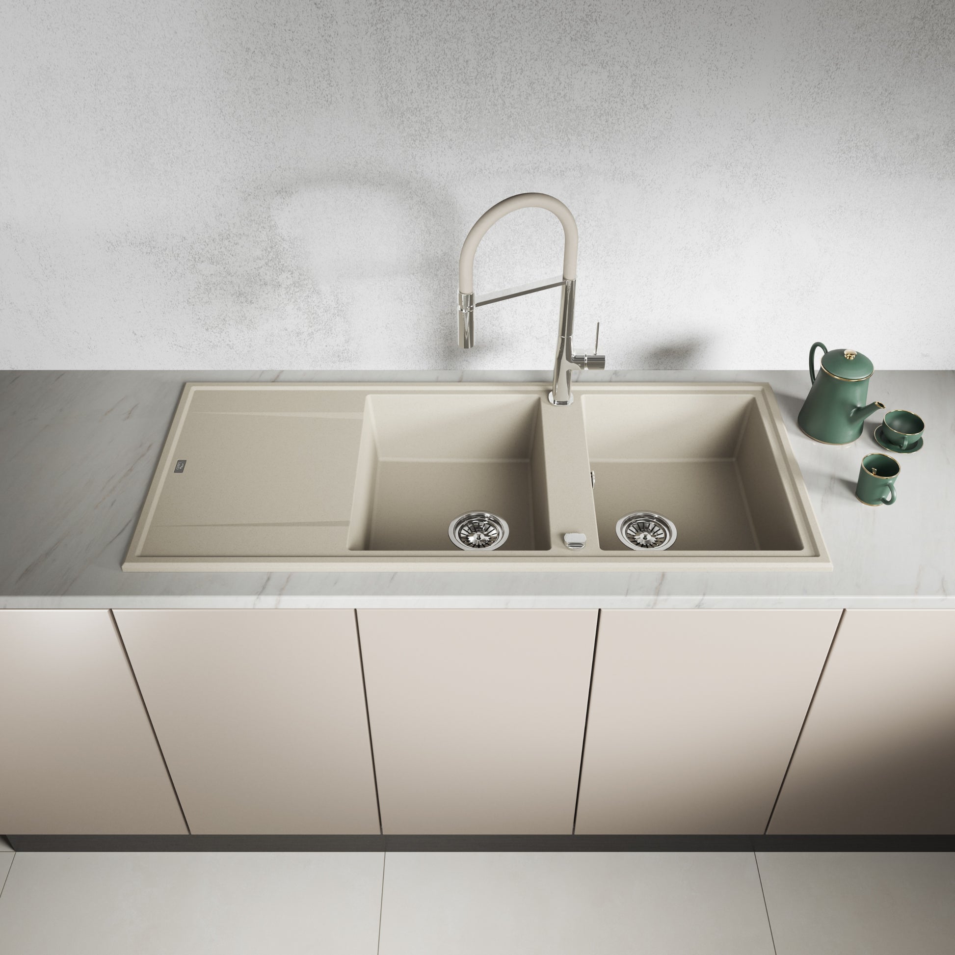 Laveo Megalo double-bowl granite sink with drainer in Beach Sand – front installation view – SBE_421T