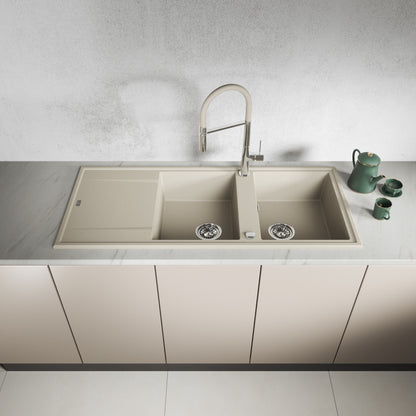 Laveo Megalo double-bowl granite sink with drainer in Beach Sand – front installation view – SBE_421T
