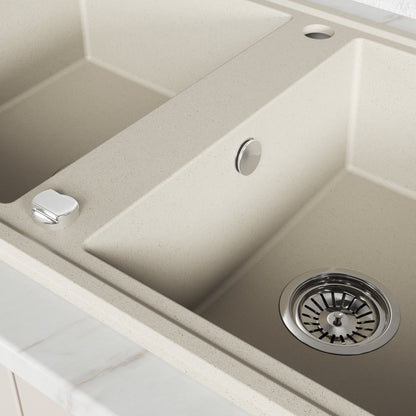 Laveo Megalo double-bowl granite sink with drainer in Beach Sand – bowl and overflow detail – SBE_421T
