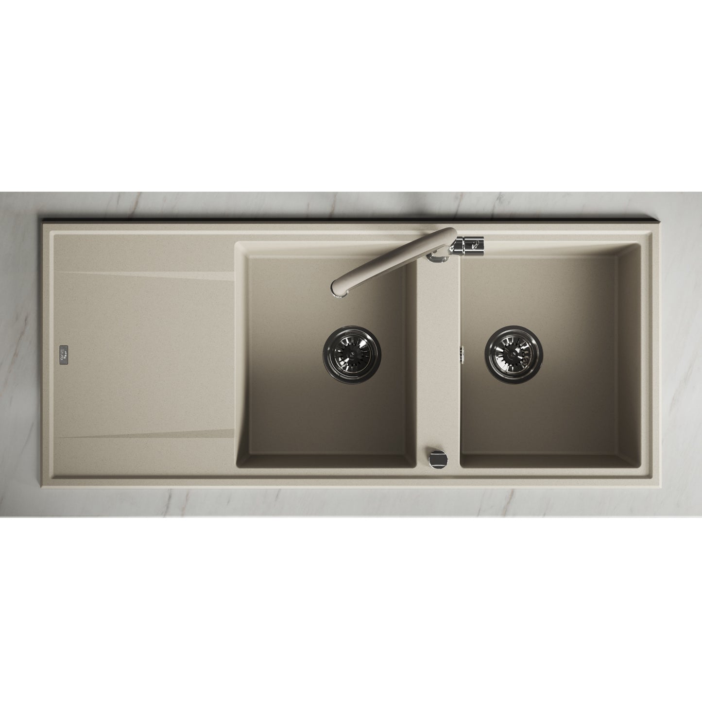 Laveo Megalo double-bowl granite sink with drainer in Beach Sand – overhead installation view – SBE_421T