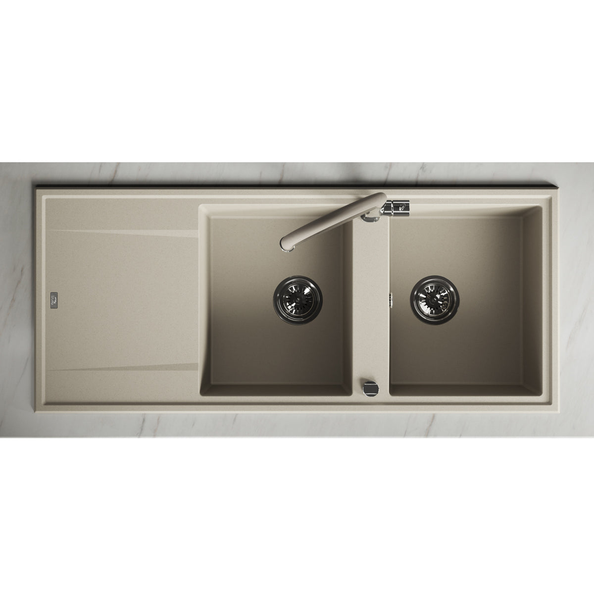 Laveo Megalo double-bowl granite sink with drainer in Beach Sand – overhead installation view – SBE_421T