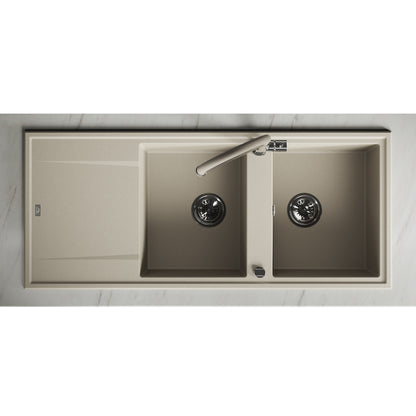 Laveo Megalo double-bowl granite sink with drainer in Beach Sand – overhead installation view – SBE_421T