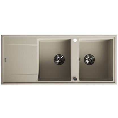 Laveo Megalo double-bowl granite sink with drainer in Beach Sand – top product view – SBE_421T
