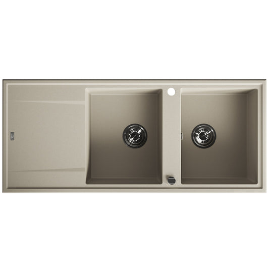Laveo Megalo double-bowl granite sink with drainer in Beach Sand – top product view – SBE_421T