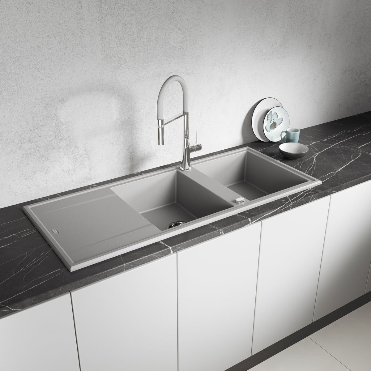 Laveo Megalo double-bowl granite sink with drainer in Grey – installed lifestyle view – SBE_521T