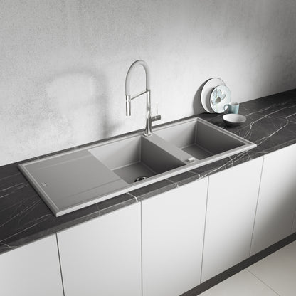 Laveo Megalo double-bowl granite sink with drainer in Grey – installed lifestyle view – SBE_521T