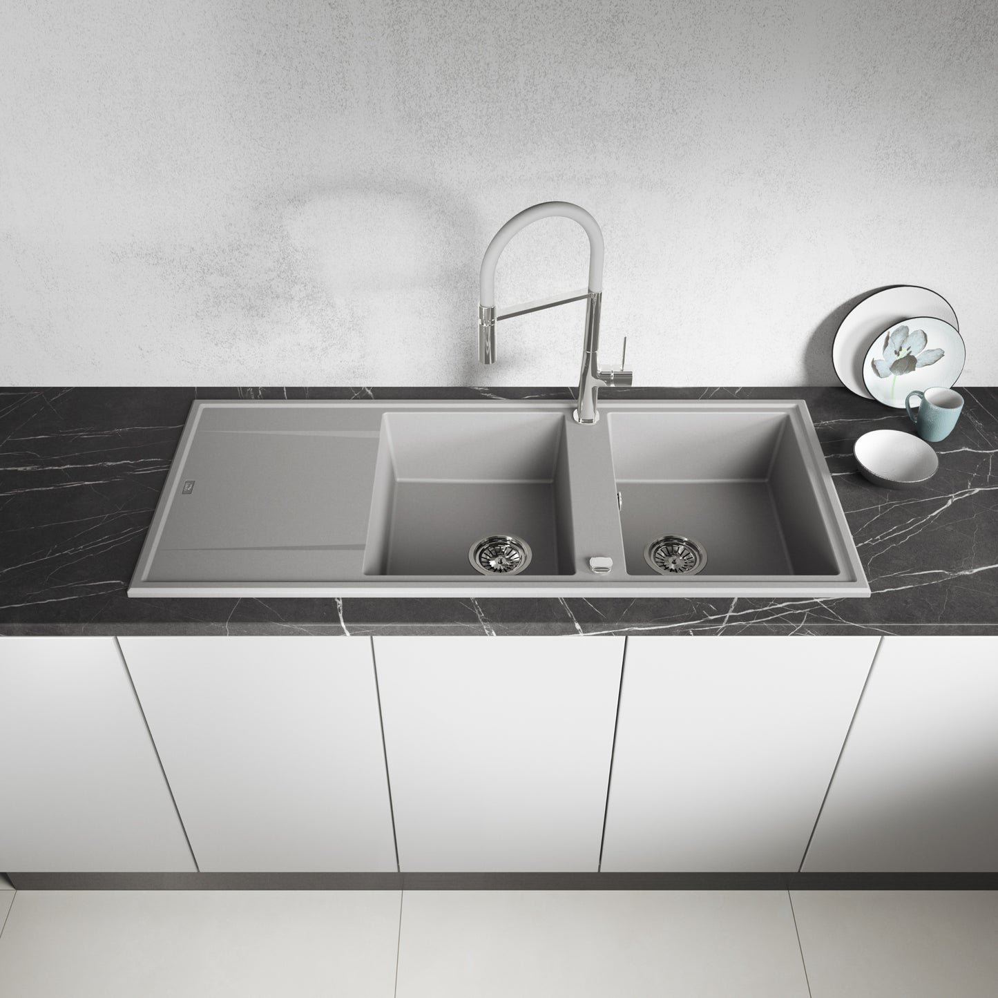 Laveo Megalo double-bowl granite sink with drainer in Grey – front installation view – SBE_521T