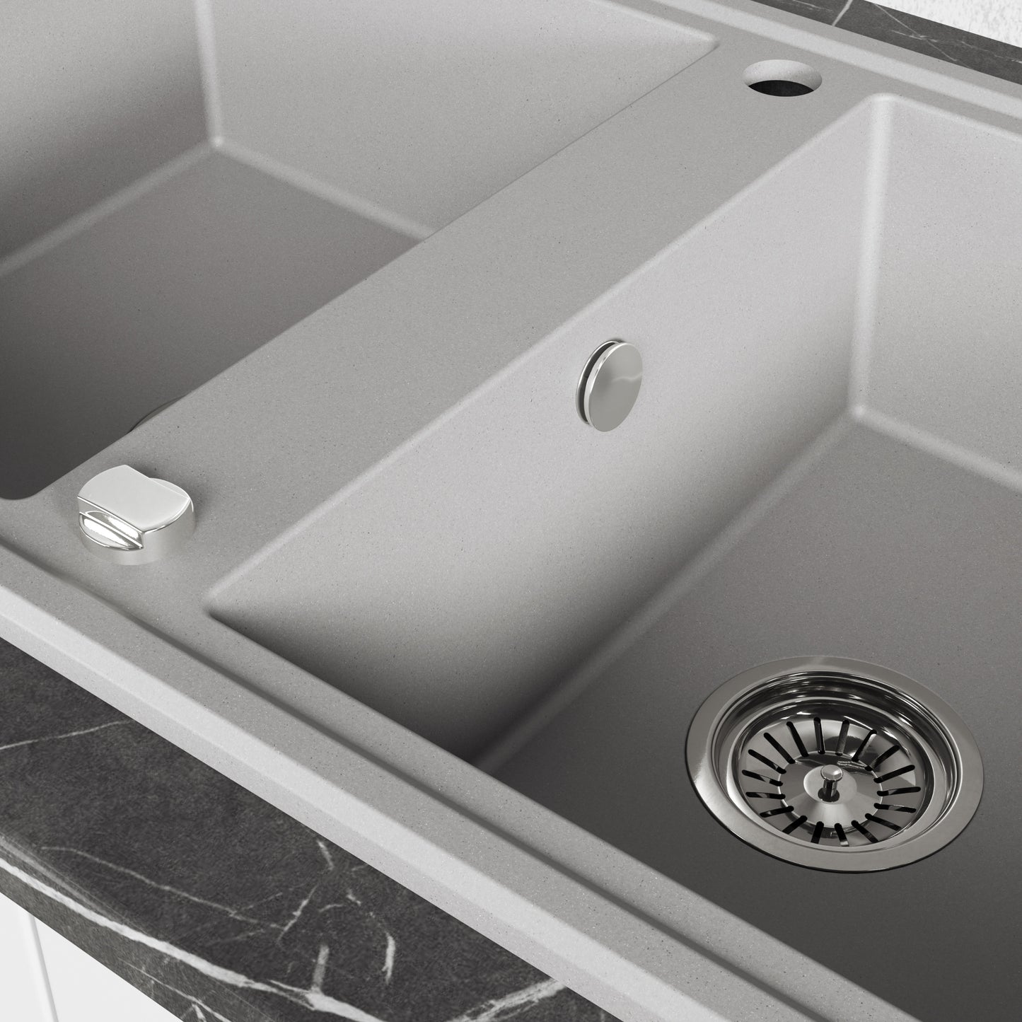 Laveo Megalo double-bowl granite sink with drainer in Grey – bowl and overflow detail – SBE_521T