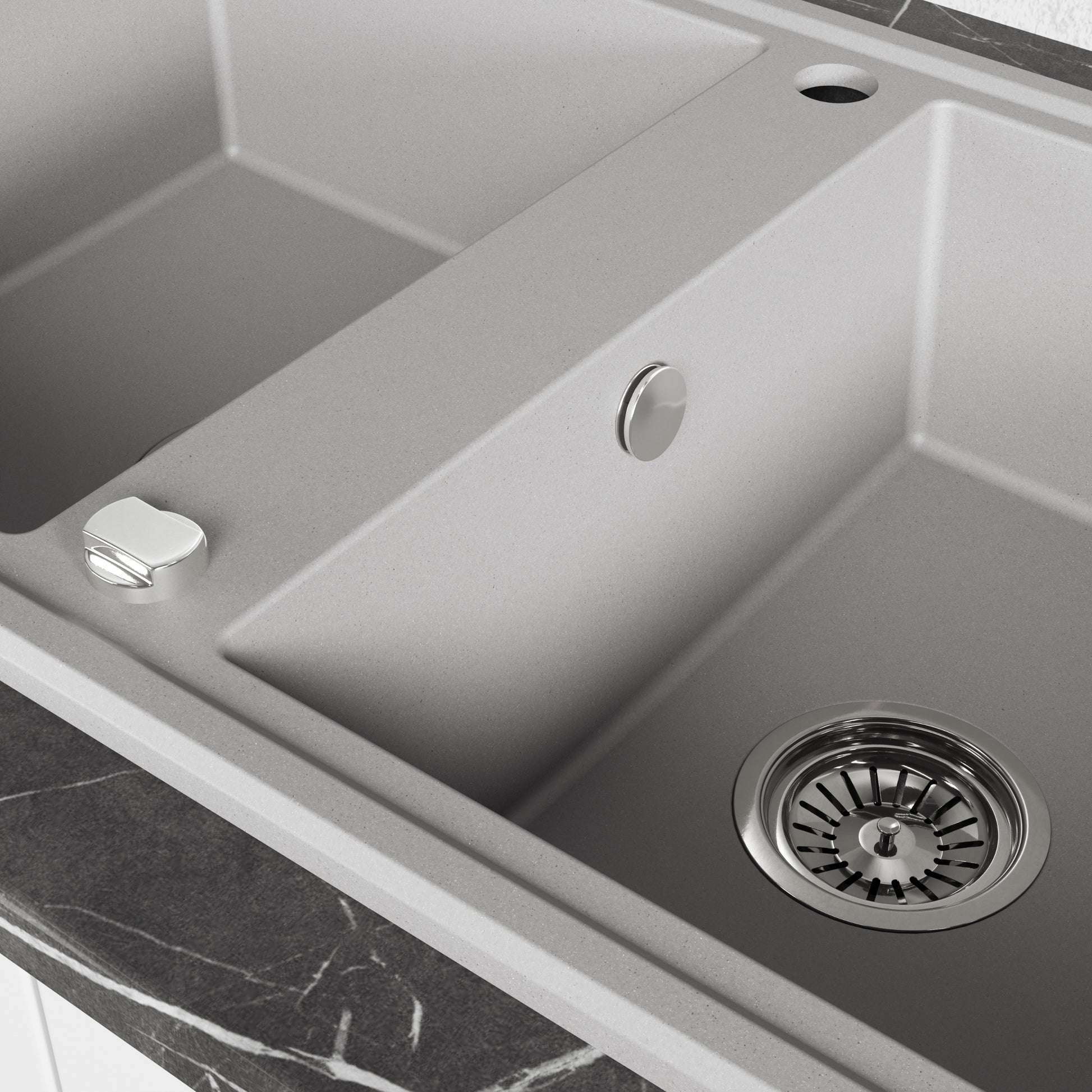 Laveo Megalo double-bowl granite sink with drainer in Grey – bowl and overflow detail – SBE_521T