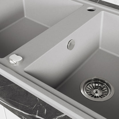 Laveo Megalo double-bowl granite sink with drainer in Grey – bowl and overflow detail – SBE_521T