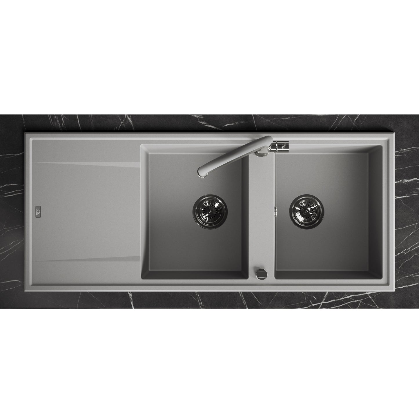 Laveo Megalo double-bowl granite sink with drainer in Grey – overhead installation view – SBE_521T