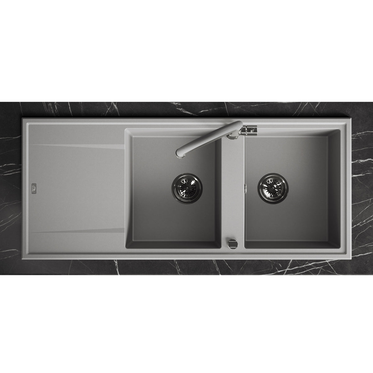 Laveo Megalo double-bowl granite sink with drainer in Grey – overhead installation view – SBE_521T