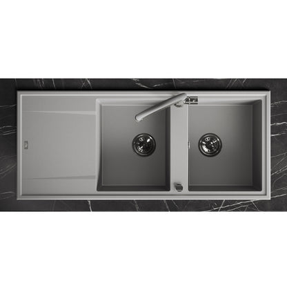Laveo Megalo double-bowl granite sink with drainer in Grey – overhead installation view – SBE_521T