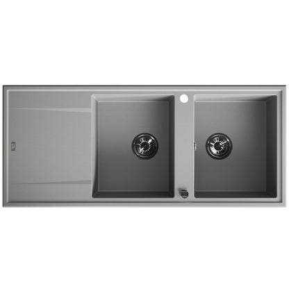 Laveo Megalo double-bowl granite sink with drainer in Grey – top product view – SBE_521T