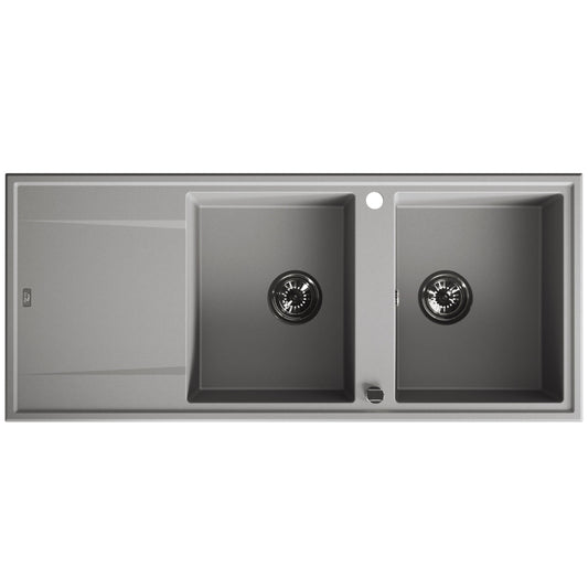 Laveo Megalo double-bowl granite sink with drainer in Grey – top product view – SBE_521T