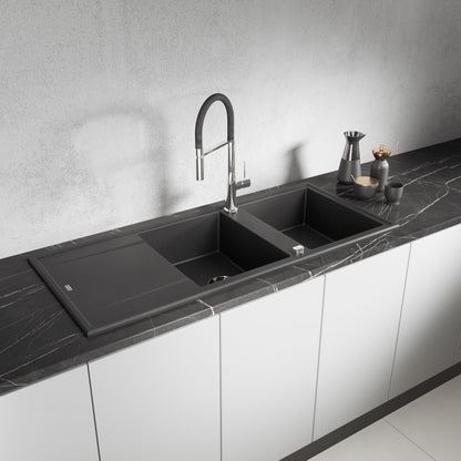 Laveo Megalo double-bowl granite kitchen sink with drainer in Monochrome Black – installed lifestyle view – SBE_721B