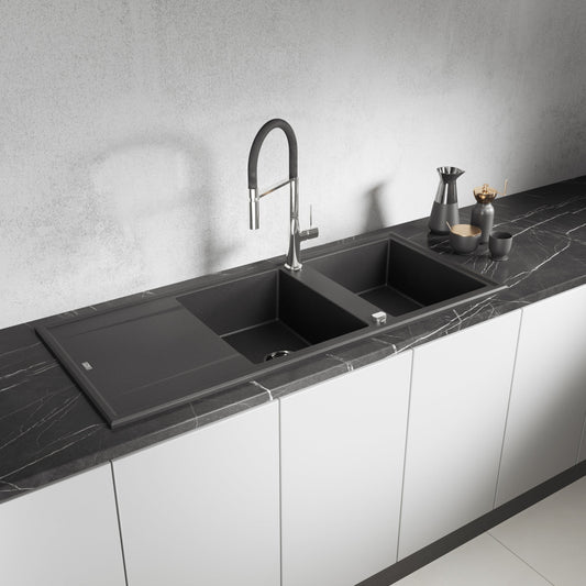 Laveo Megalo double-bowl granite kitchen sink with drainer in Monochrome Black – installed lifestyle view – SBE_721B