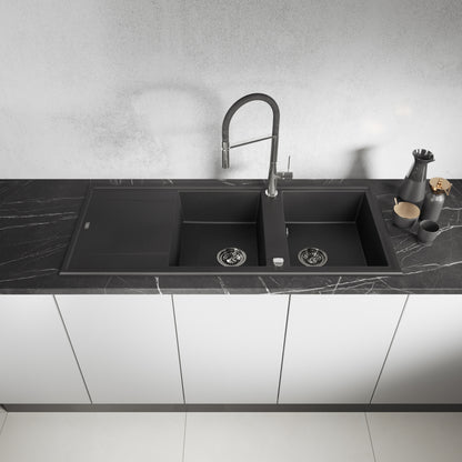 Laveo Megalo double-bowl granite sink with drainer in Black – front installation view – SBE_721T