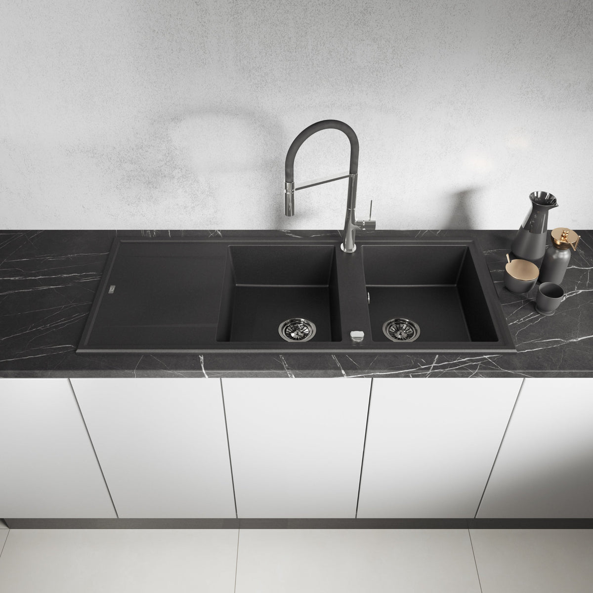 Laveo Megalo double-bowl granite kitchen sink with drainer in Monochrome Black – front installation view – SBE_721B