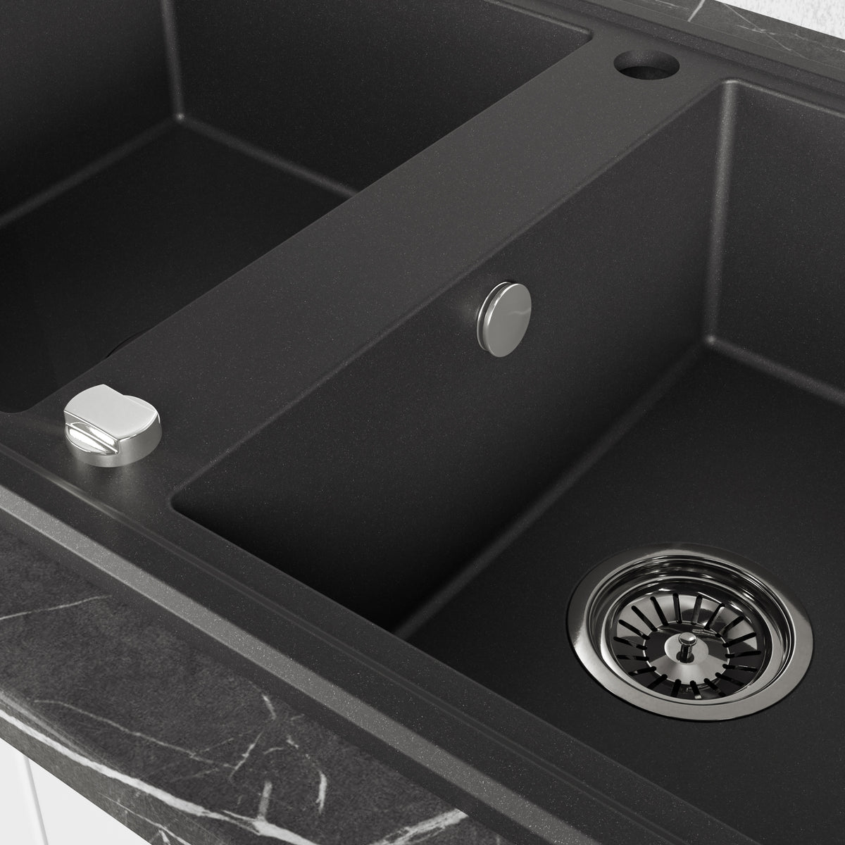 Laveo Megalo double-bowl granite sink with drainer in Black – bowl and overflow detail – SBE_721T