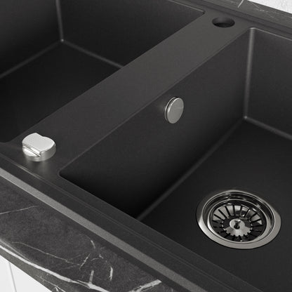 Laveo Megalo double-bowl granite sink with drainer in Black – bowl and overflow detail – SBE_721T